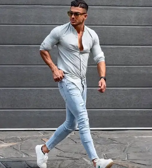 light blue jeans with striped shirt